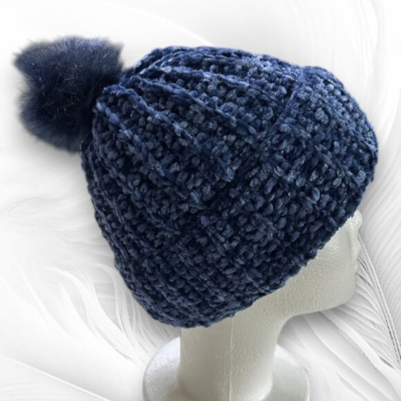 Handmade Blue Velvet Knit Beanie with Pom Pom Soft Winter Hat main image 5